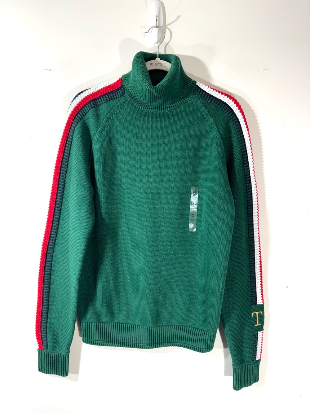 Tommy Hilfiger Mens Green Cotton Monogram Turtleneck Sweater Racing NWT Medium